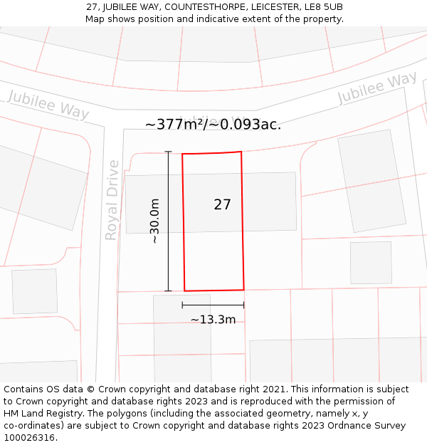 27, JUBILEE WAY, COUNTESTHORPE, LEICESTER, LE8 5UB: Plot and title map