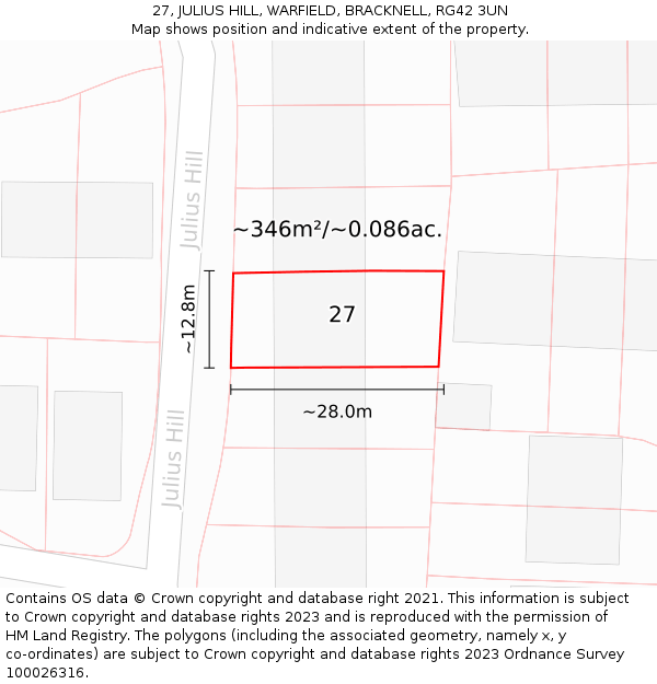 27, JULIUS HILL, WARFIELD, BRACKNELL, RG42 3UN: Plot and title map
