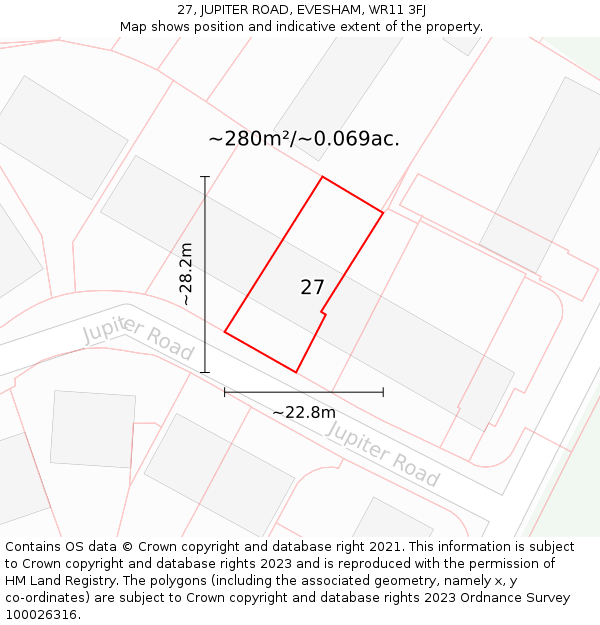 27, JUPITER ROAD, EVESHAM, WR11 3FJ: Plot and title map