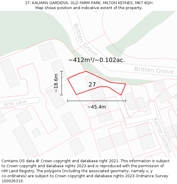27, KALMAN GARDENS, OLD FARM PARK, MILTON KEYNES, MK7 8QH: Plot and title map