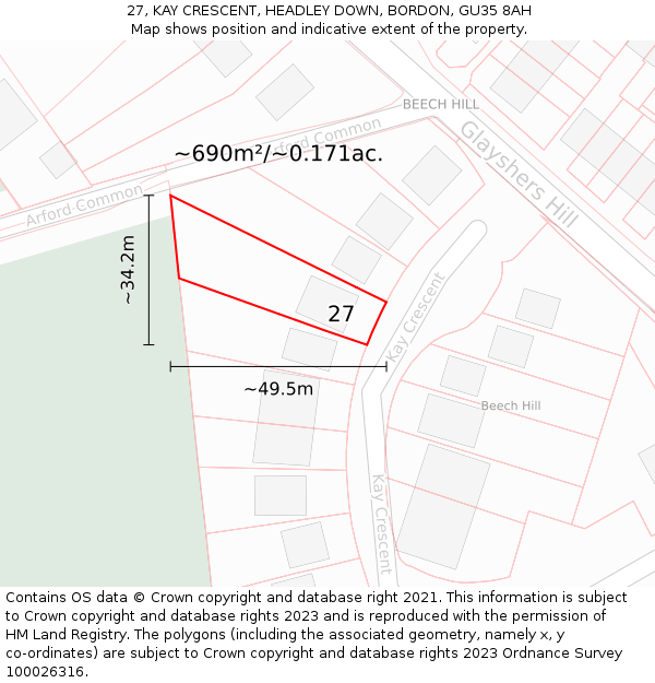 27, KAY CRESCENT, HEADLEY DOWN, BORDON, GU35 8AH: Plot and title map