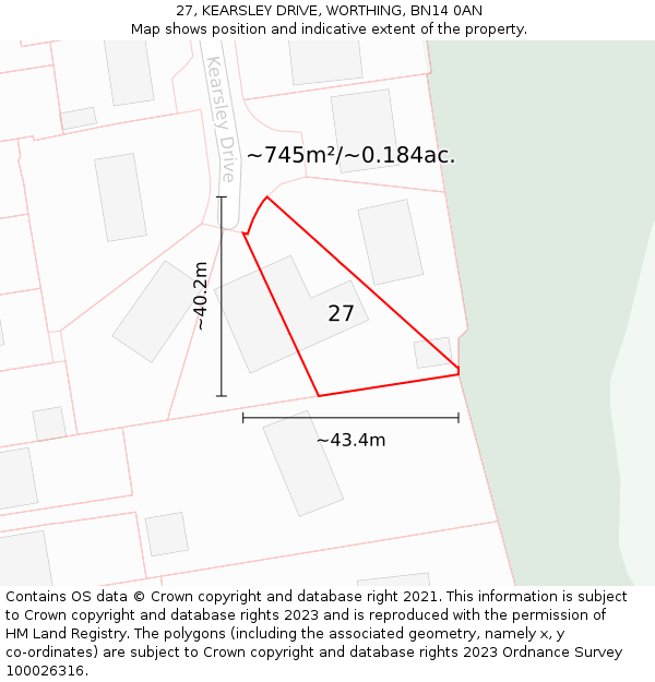 27, KEARSLEY DRIVE, WORTHING, BN14 0AN: Plot and title map