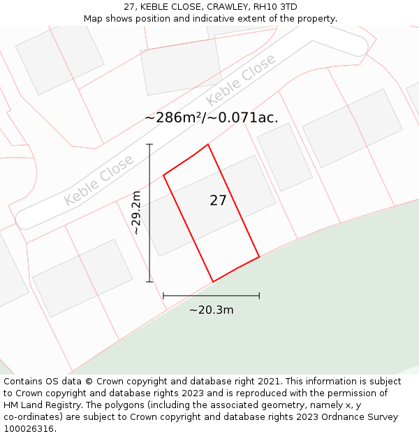 27, KEBLE CLOSE, CRAWLEY, RH10 3TD: Plot and title map