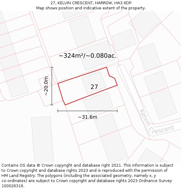 27, KELVIN CRESCENT, HARROW, HA3 6DP: Plot and title map