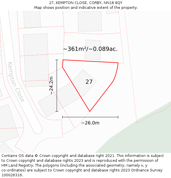 27, KEMPTON CLOSE, CORBY, NN18 8QY: Plot and title map
