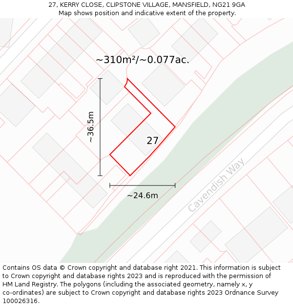 27, KERRY CLOSE, CLIPSTONE VILLAGE, MANSFIELD, NG21 9GA: Plot and title map