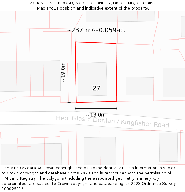 27, KINGFISHER ROAD, NORTH CORNELLY, BRIDGEND, CF33 4NZ: Plot and title map