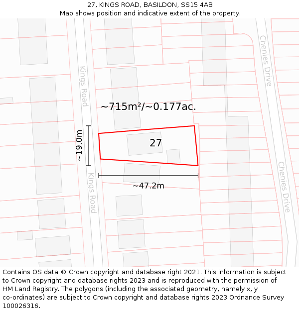 27, KINGS ROAD, BASILDON, SS15 4AB: Plot and title map