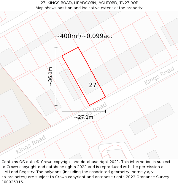 27, KINGS ROAD, HEADCORN, ASHFORD, TN27 9QP: Plot and title map