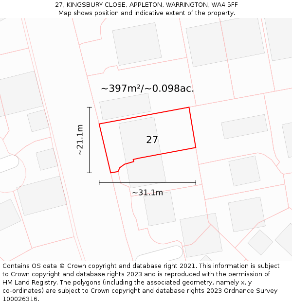 27, KINGSBURY CLOSE, APPLETON, WARRINGTON, WA4 5FF: Plot and title map