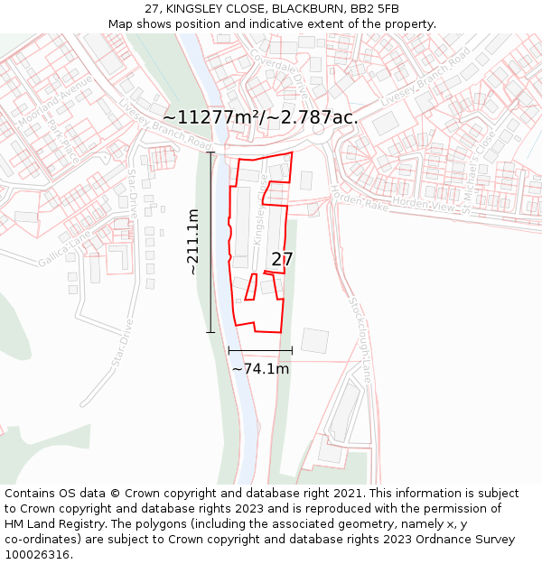 27, KINGSLEY CLOSE, BLACKBURN, BB2 5FB: Plot and title map