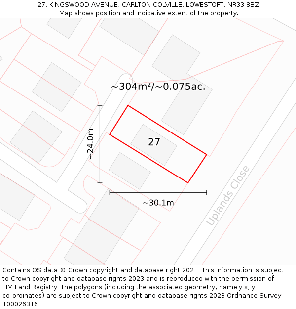 27, KINGSWOOD AVENUE, CARLTON COLVILLE, LOWESTOFT, NR33 8BZ: Plot and title map