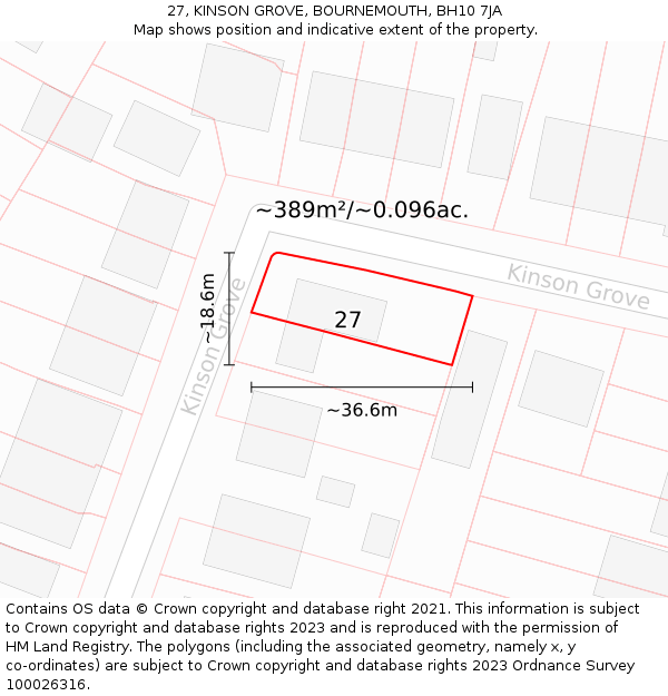 27, KINSON GROVE, BOURNEMOUTH, BH10 7JA: Plot and title map