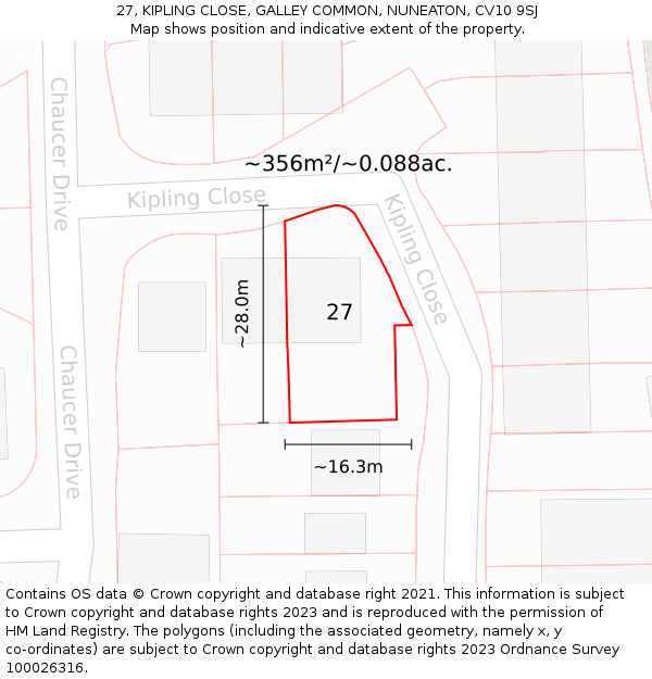27, KIPLING CLOSE, GALLEY COMMON, NUNEATON, CV10 9SJ: Plot and title map