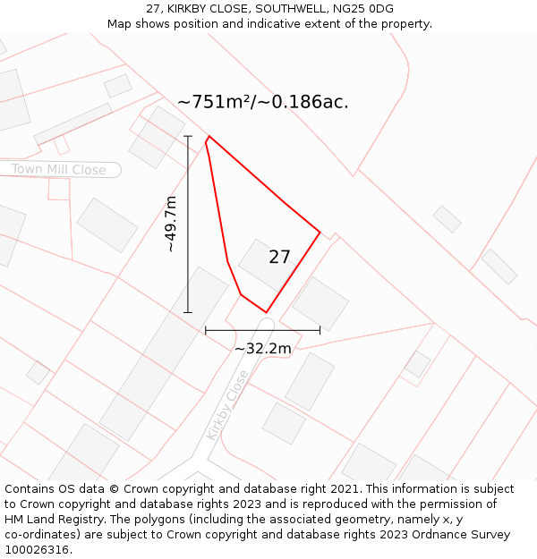 27, KIRKBY CLOSE, SOUTHWELL, NG25 0DG: Plot and title map
