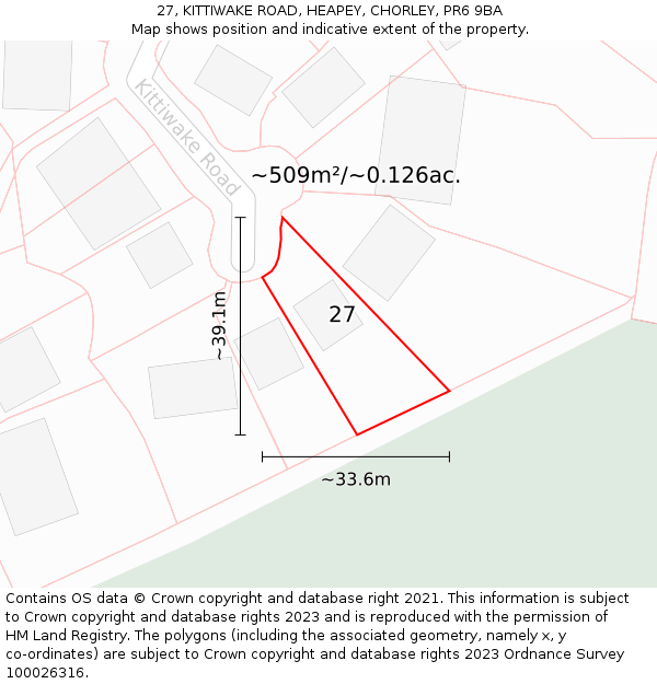 27, KITTIWAKE ROAD, HEAPEY, CHORLEY, PR6 9BA: Plot and title map