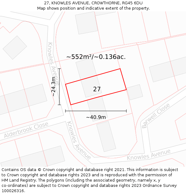 27, KNOWLES AVENUE, CROWTHORNE, RG45 6DU: Plot and title map