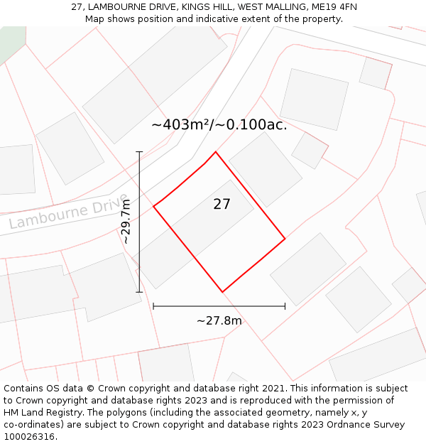 27, LAMBOURNE DRIVE, KINGS HILL, WEST MALLING, ME19 4FN: Plot and title map