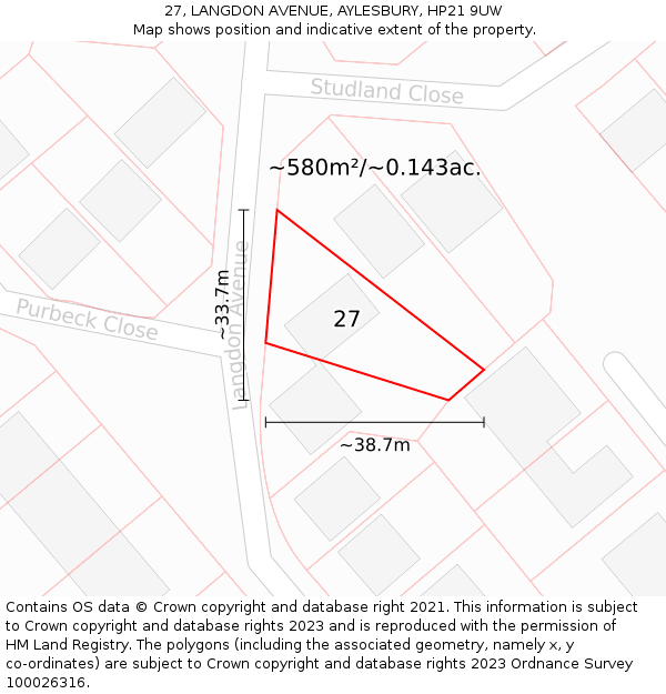 27, LANGDON AVENUE, AYLESBURY, HP21 9UW: Plot and title map