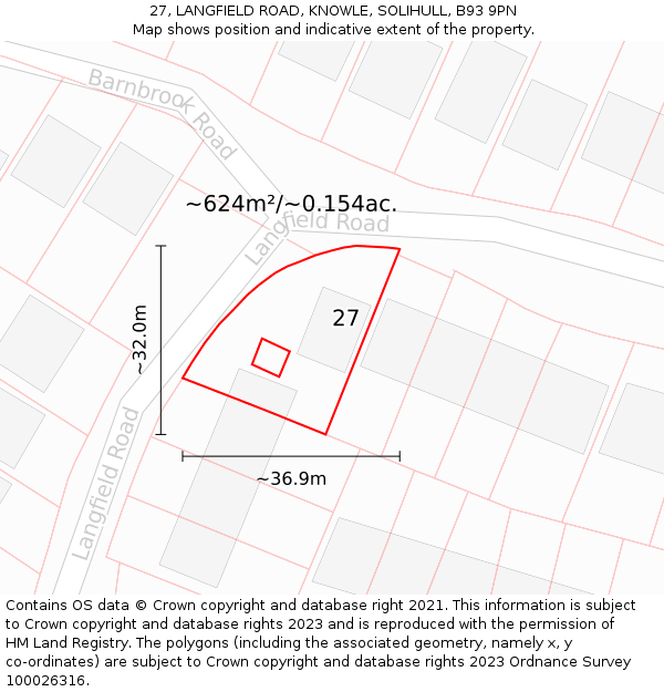 27, LANGFIELD ROAD, KNOWLE, SOLIHULL, B93 9PN: Plot and title map