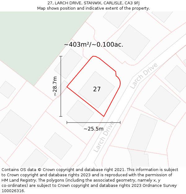 27, LARCH DRIVE, STANWIX, CARLISLE, CA3 9FJ: Plot and title map
