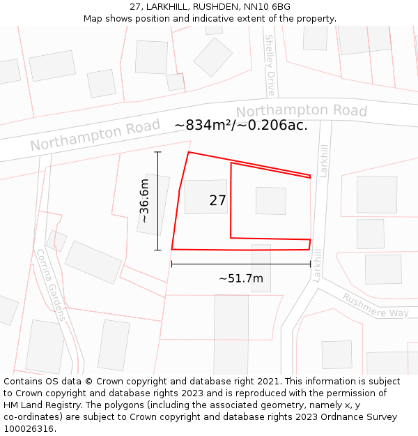 27, LARKHILL, RUSHDEN, NN10 6BG: Plot and title map