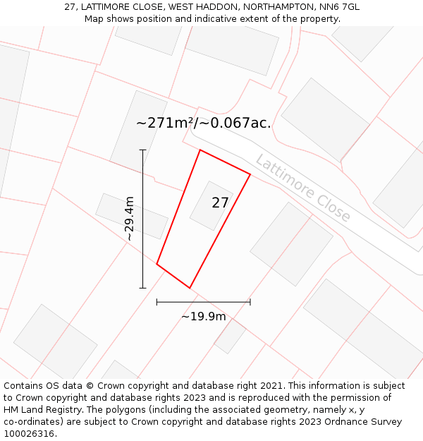 27, LATTIMORE CLOSE, WEST HADDON, NORTHAMPTON, NN6 7GL: Plot and title map