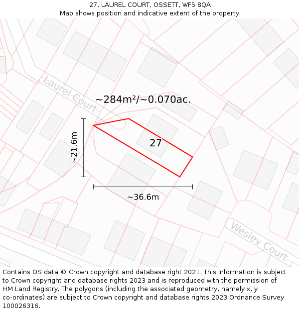 27, LAUREL COURT, OSSETT, WF5 8QA: Plot and title map