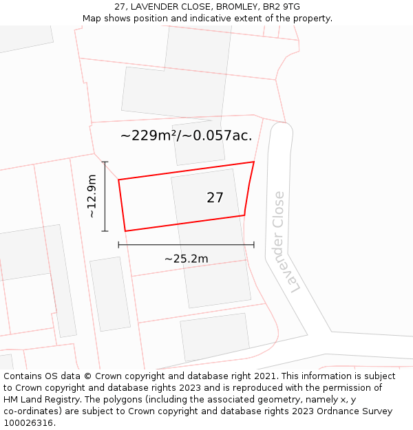 27, LAVENDER CLOSE, BROMLEY, BR2 9TG: Plot and title map