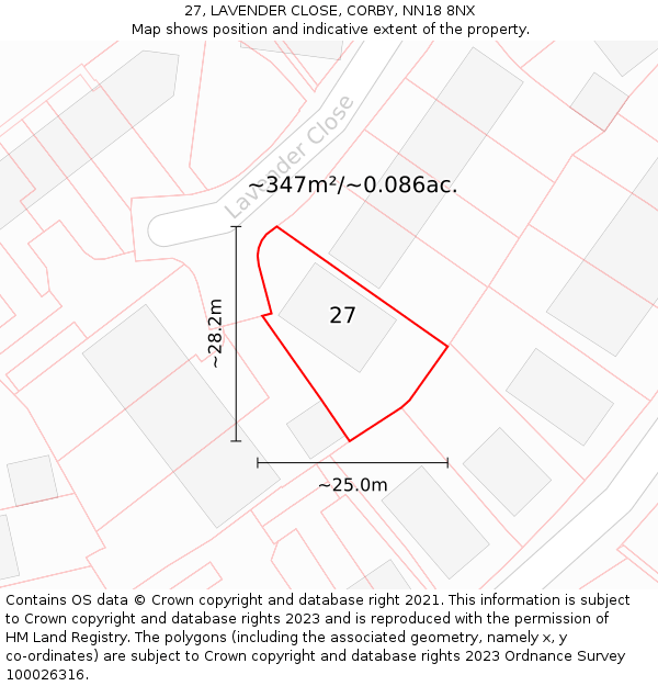 27, LAVENDER CLOSE, CORBY, NN18 8NX: Plot and title map