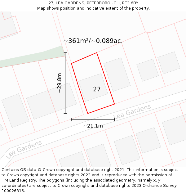 27, LEA GARDENS, PETERBOROUGH, PE3 6BY: Plot and title map
