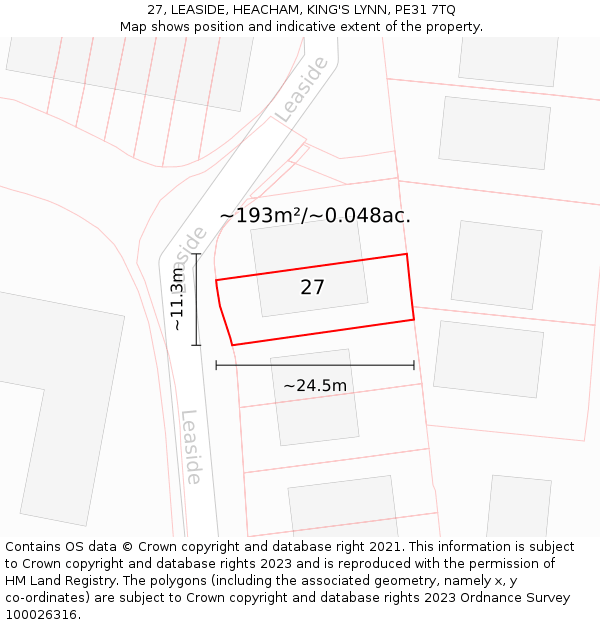 27, LEASIDE, HEACHAM, KING'S LYNN, PE31 7TQ: Plot and title map