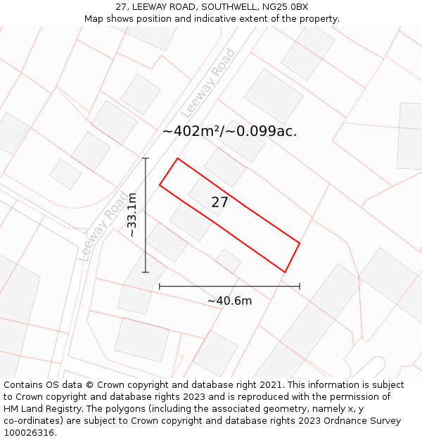 27, LEEWAY ROAD, SOUTHWELL, NG25 0BX: Plot and title map