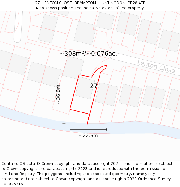 27, LENTON CLOSE, BRAMPTON, HUNTINGDON, PE28 4TR: Plot and title map