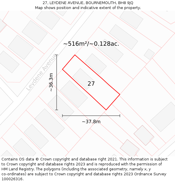 27, LEYDENE AVENUE, BOURNEMOUTH, BH8 9JQ: Plot and title map