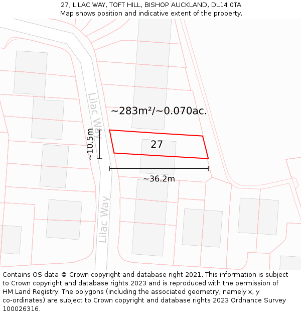 27, LILAC WAY, TOFT HILL, BISHOP AUCKLAND, DL14 0TA: Plot and title map