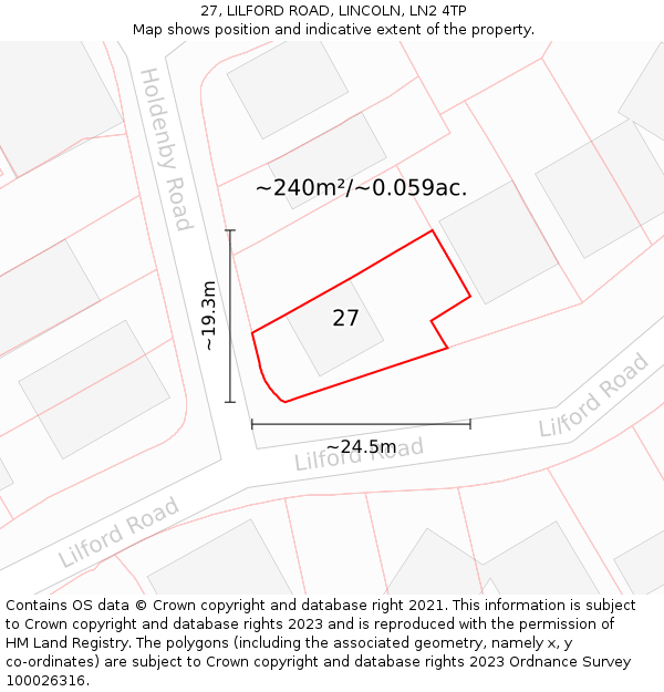 27, LILFORD ROAD, LINCOLN, LN2 4TP: Plot and title map