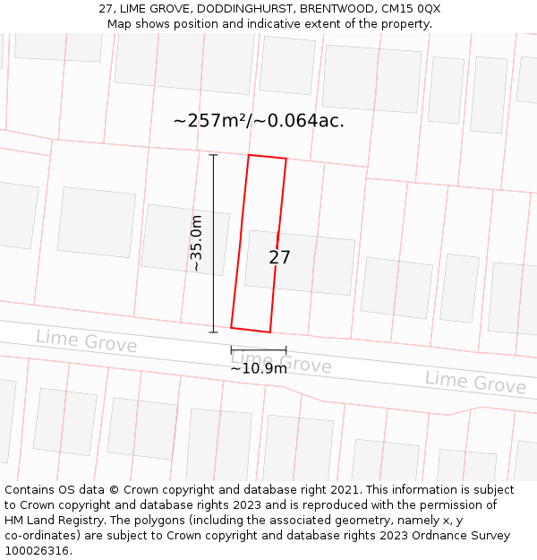 27, LIME GROVE, DODDINGHURST, BRENTWOOD, CM15 0QX: Plot and title map