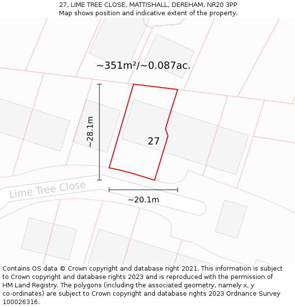 27, LIME TREE CLOSE, MATTISHALL, DEREHAM, NR20 3PP: Plot and title map