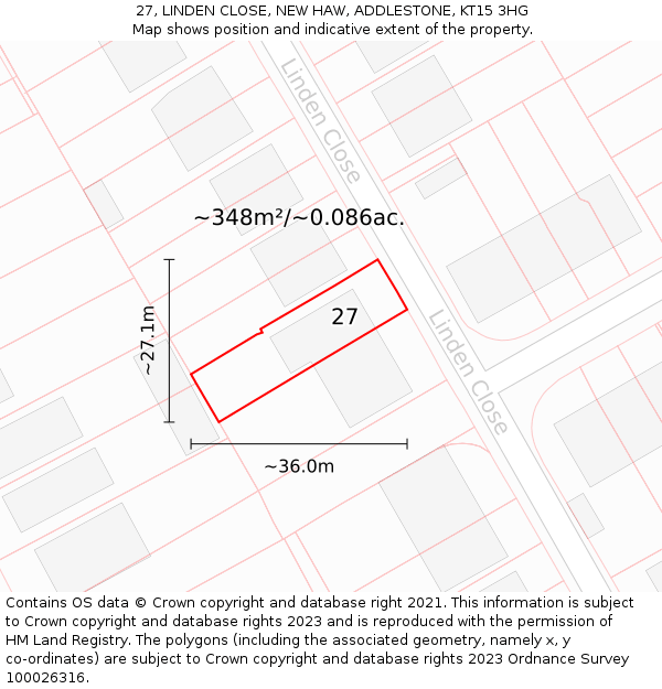 27, LINDEN CLOSE, NEW HAW, ADDLESTONE, KT15 3HG: Plot and title map