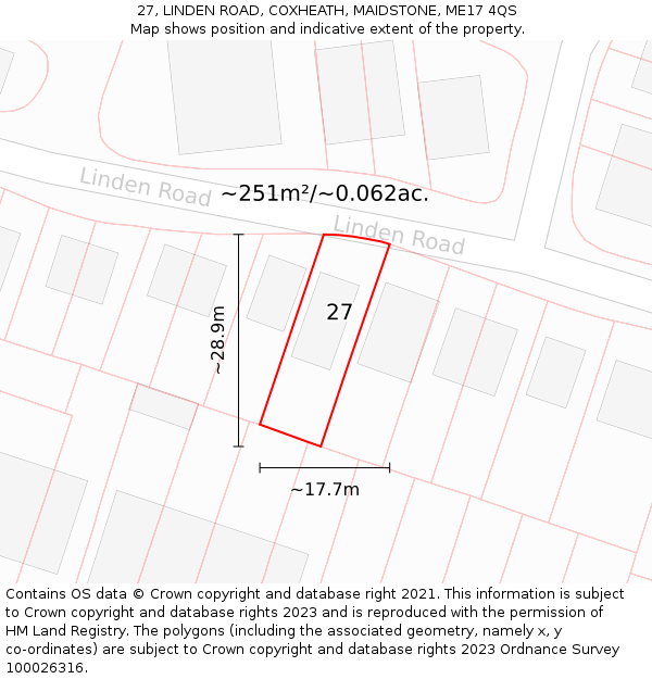 27, LINDEN ROAD, COXHEATH, MAIDSTONE, ME17 4QS: Plot and title map