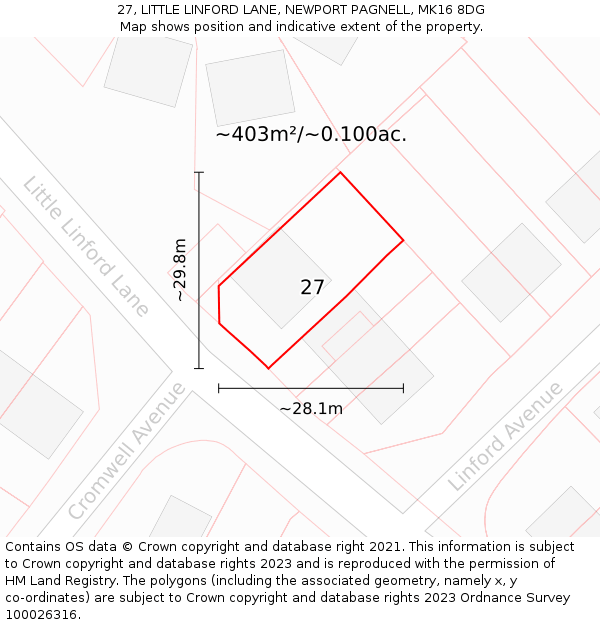 27, LITTLE LINFORD LANE, NEWPORT PAGNELL, MK16 8DG: Plot and title map