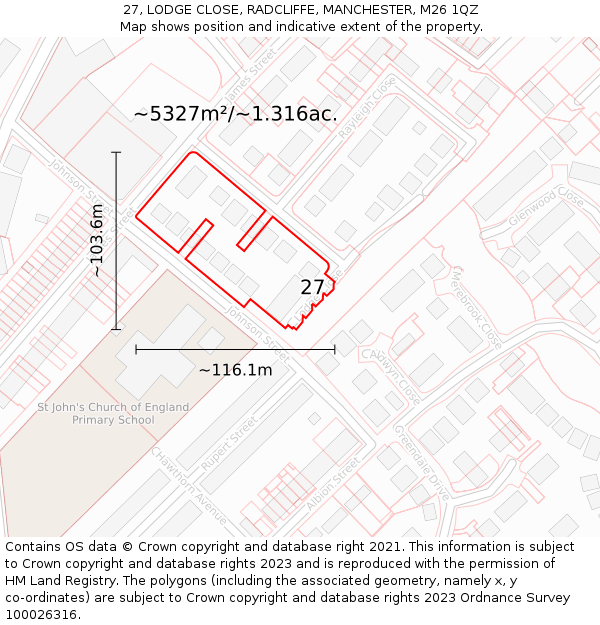 27, LODGE CLOSE, RADCLIFFE, MANCHESTER, M26 1QZ: Plot and title map