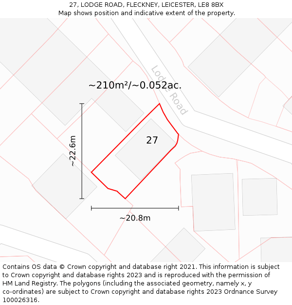 27, LODGE ROAD, FLECKNEY, LEICESTER, LE8 8BX: Plot and title map