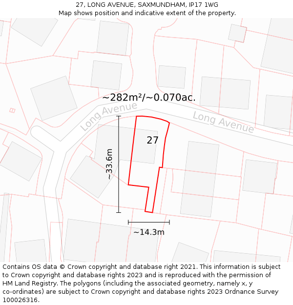 27, LONG AVENUE, SAXMUNDHAM, IP17 1WG: Plot and title map