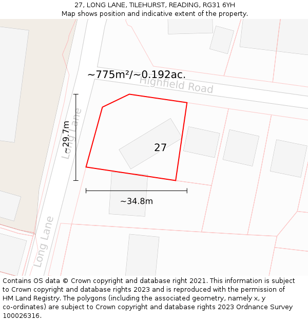 27, LONG LANE, TILEHURST, READING, RG31 6YH: Plot and title map