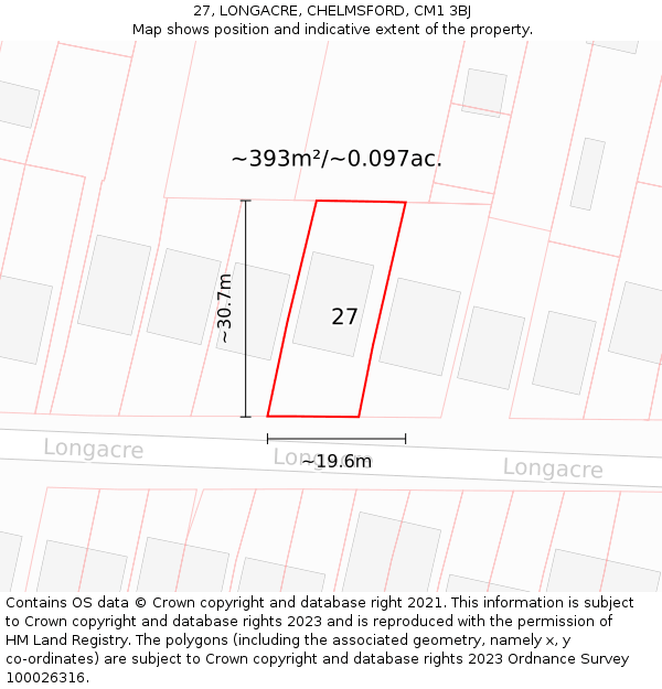 27, LONGACRE, CHELMSFORD, CM1 3BJ: Plot and title map