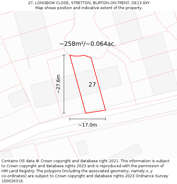 27, LONGBOW CLOSE, STRETTON, BURTON-ON-TRENT, DE13 0XY: Plot and title map