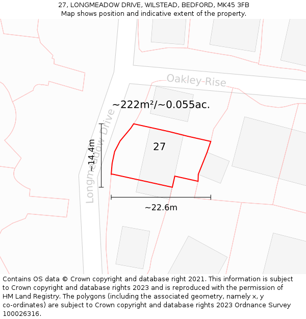 27, LONGMEADOW DRIVE, WILSTEAD, BEDFORD, MK45 3FB: Plot and title map