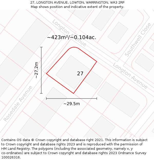 27, LONGTON AVENUE, LOWTON, WARRINGTON, WA3 2RP: Plot and title map